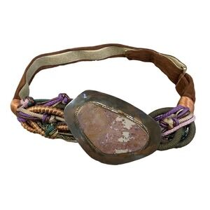 Vintage 80s Boutique Large Stone Rock Braided Rope Knotted Brass Gold Suede Belt